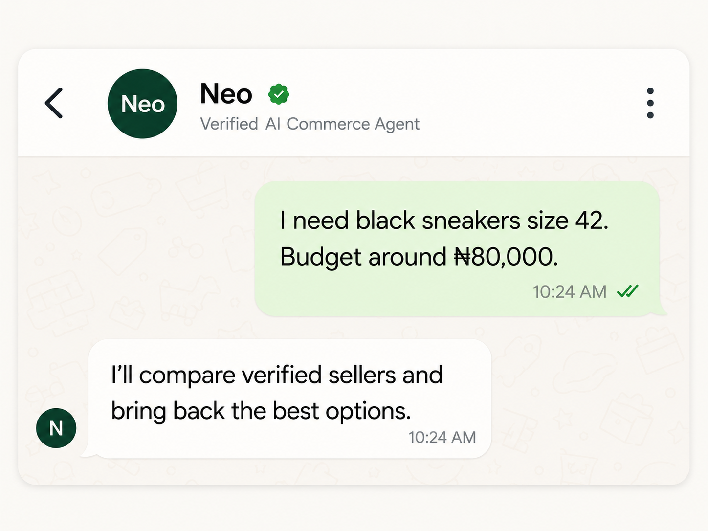 Neo chat where a buyer asks for black sneakers and Neo offers to compare verified sellers.