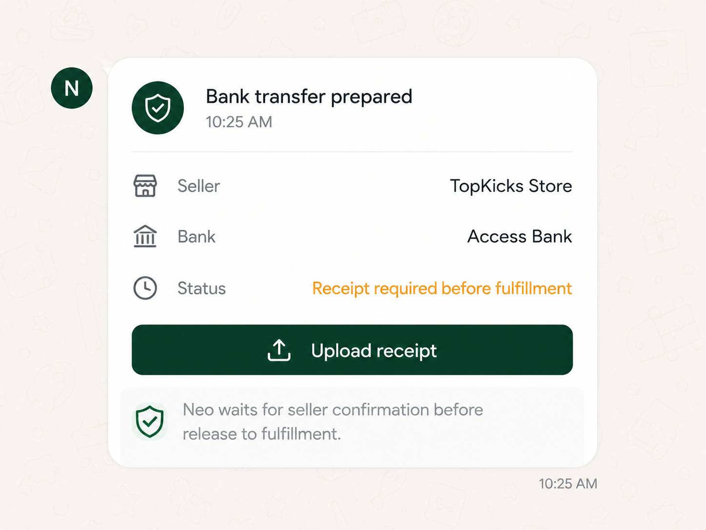Neo secure payment card showing bank transfer, seller, status, upload receipt, and fulfilment confirmation note.