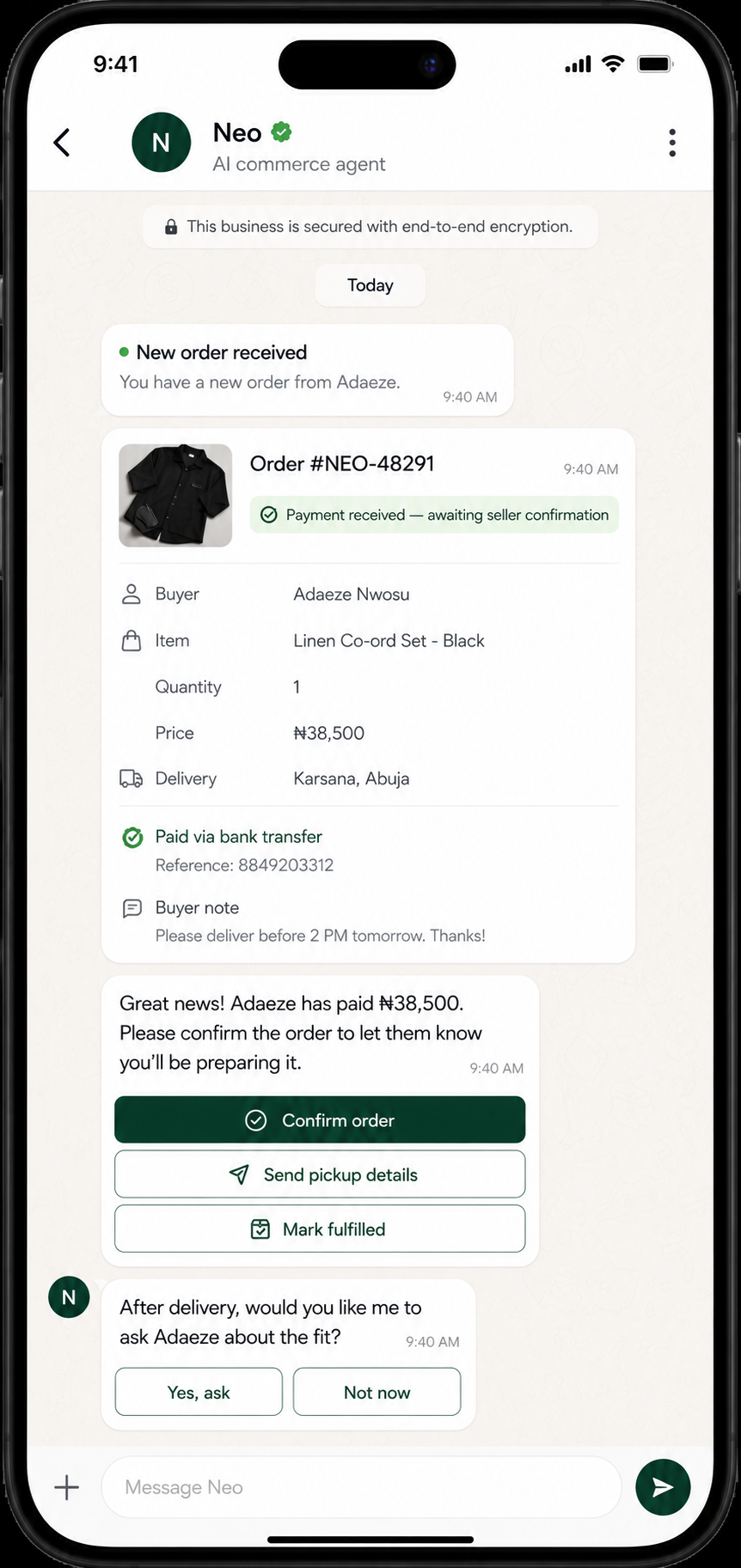 Neo seller chat showing a new paid order, fulfilment actions, and a customer follow-up prompt.
