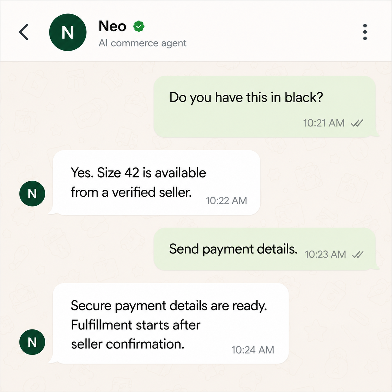 Neo chat showing a buyer asking for a product, receiving seller availability, and requesting payment details.